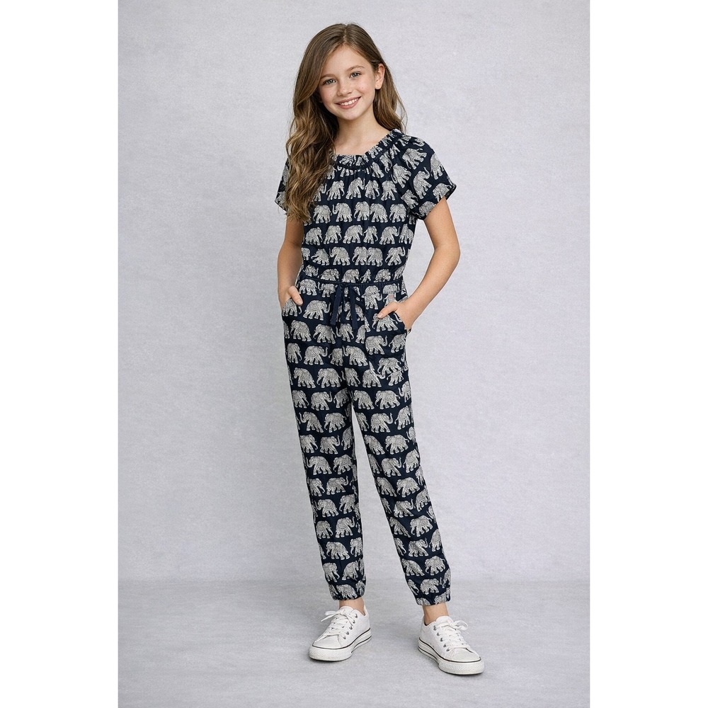 Crewcuts Jumpsuit Girls 12 Navy Blue Elephant Print Ruffle Neck Short Sleeve